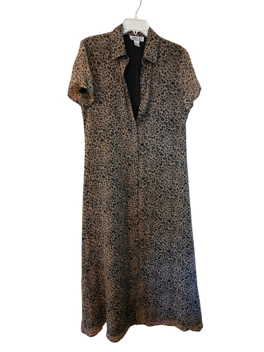 VTG Robbie Bee Leopard Print 100% Silk Button Down Midi Dress Quiet Lux  Size 8